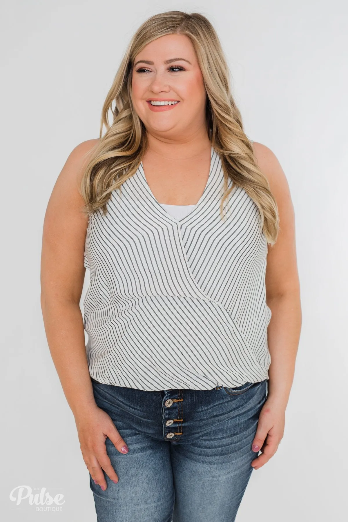 Down To Business Striped Button Back Blouse- White