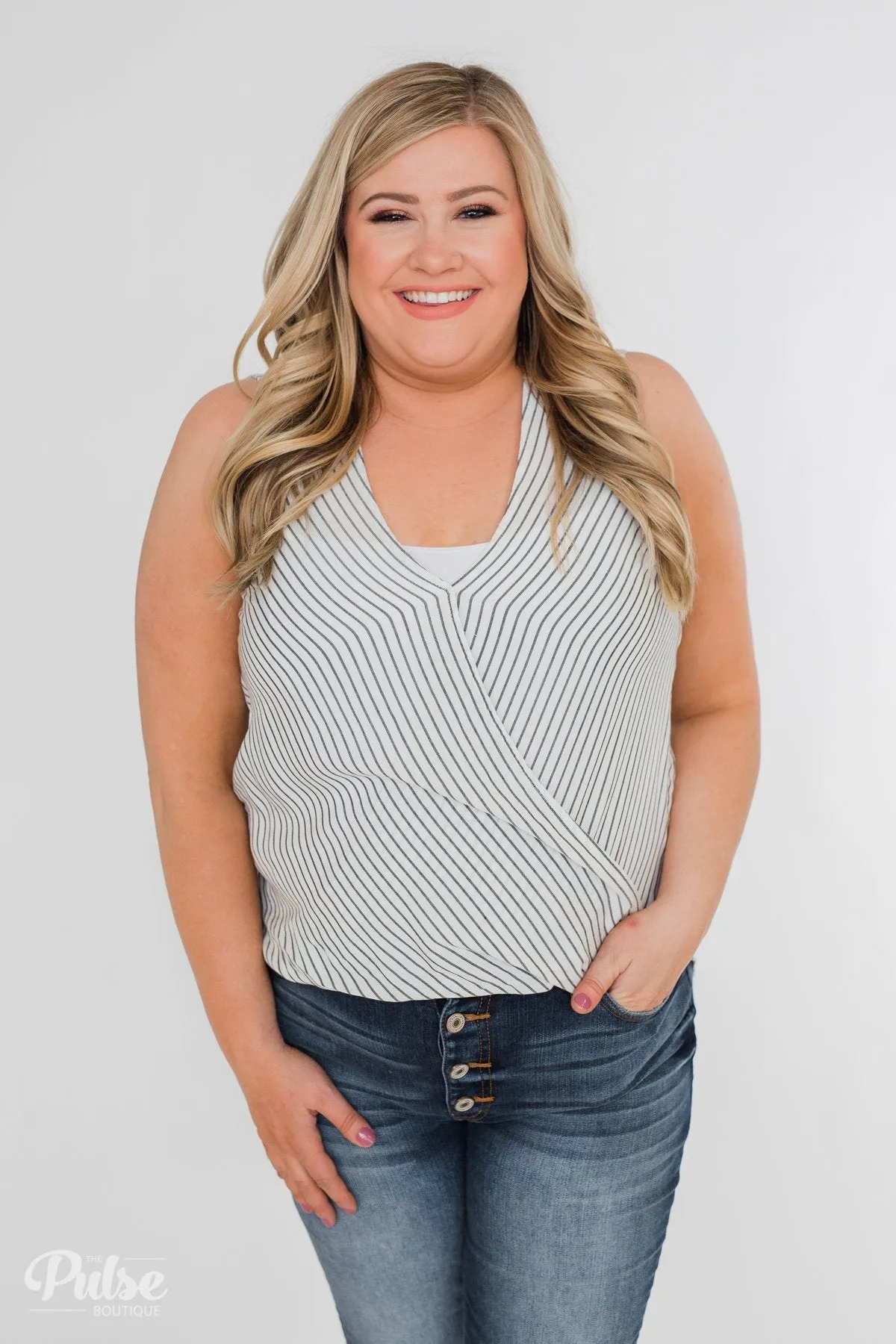 Down To Business Striped Button Back Blouse- White