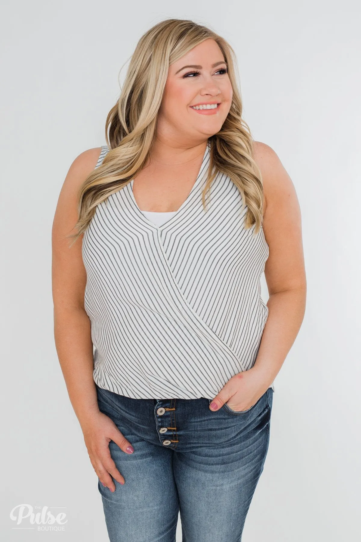 Down To Business Striped Button Back Blouse- White