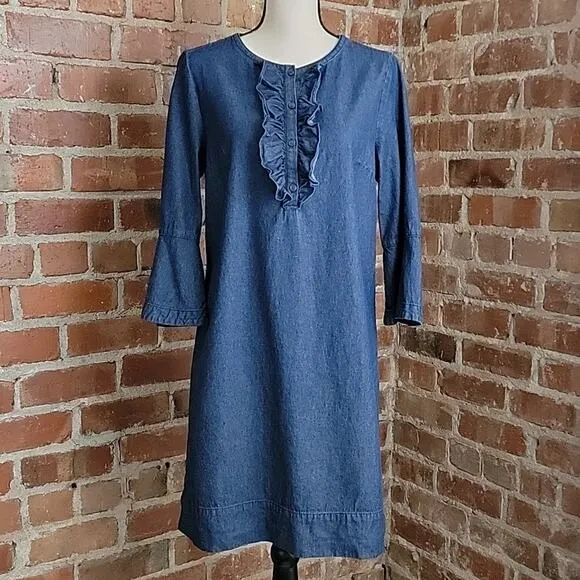 Draper James Ruffled Trumpet Sleeve Blue Chambray Shift Dress 10