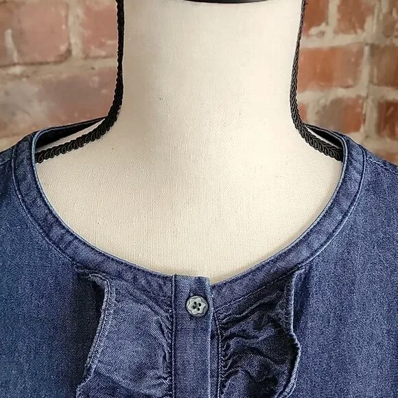 Draper James Ruffled Trumpet Sleeve Blue Chambray Shift Dress 10