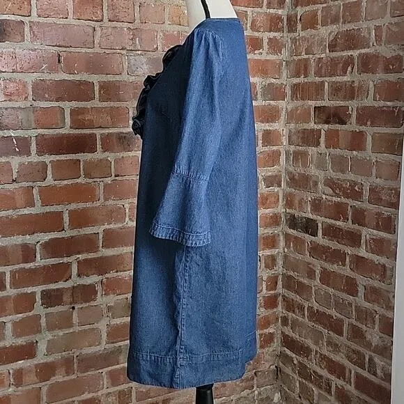 Draper James Ruffled Trumpet Sleeve Blue Chambray Shift Dress 10