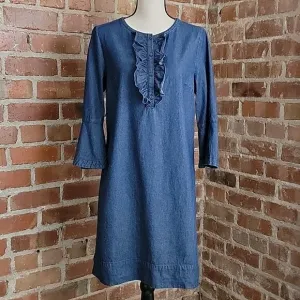 Draper James Ruffled Trumpet Sleeve Blue Chambray Shift Dress 10