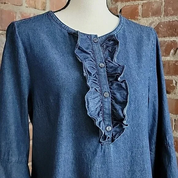 Draper James Ruffled Trumpet Sleeve Blue Chambray Shift Dress 10