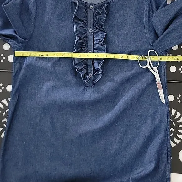 Draper James Ruffled Trumpet Sleeve Blue Chambray Shift Dress 10