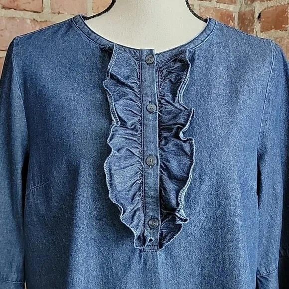 Draper James Ruffled Trumpet Sleeve Blue Chambray Shift Dress 10