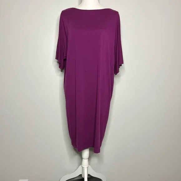 Eileen Fisher Jersey Elbow Sleeve Boat Neck Knee Length Shift Dress