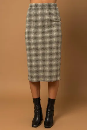 Elastic Waist Back Slit Plaid Midi Skirt