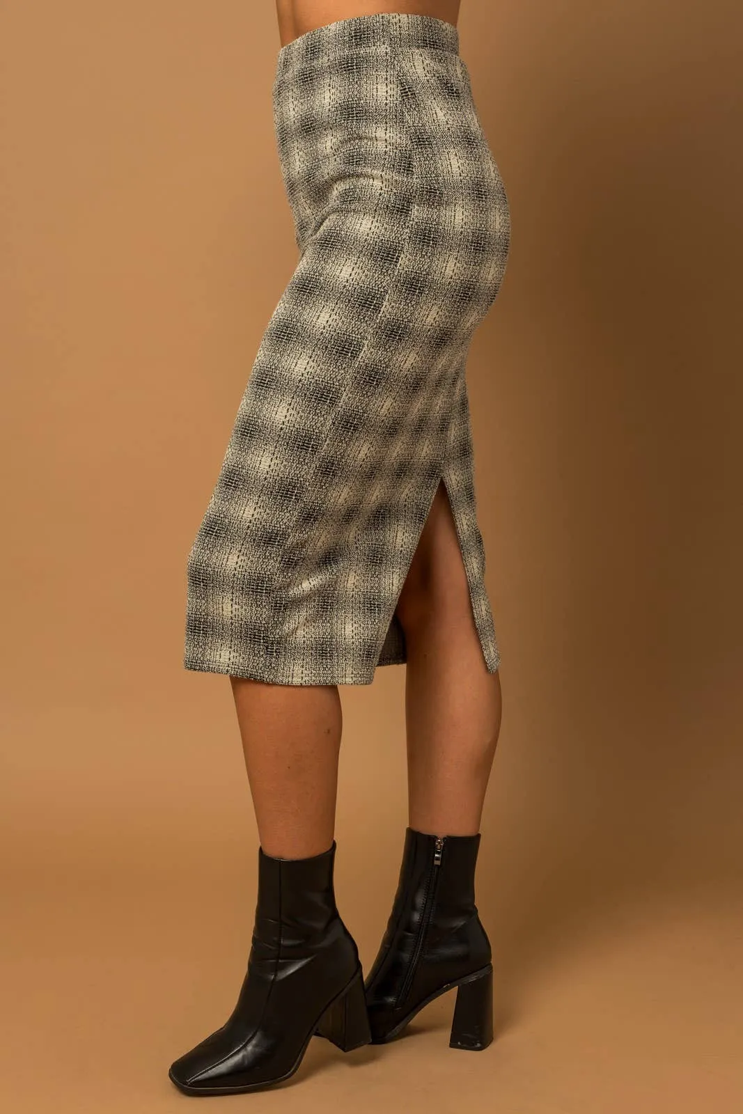 Elastic Waist Back Slit Plaid Midi Skirt