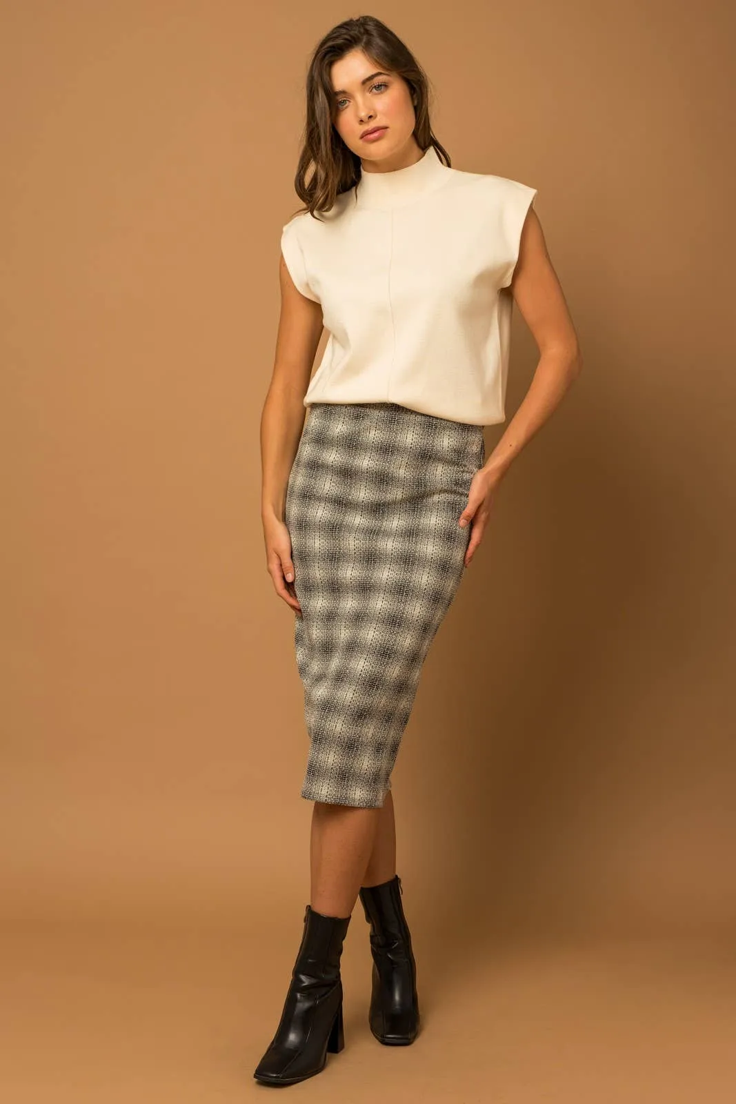 Elastic Waist Back Slit Plaid Midi Skirt