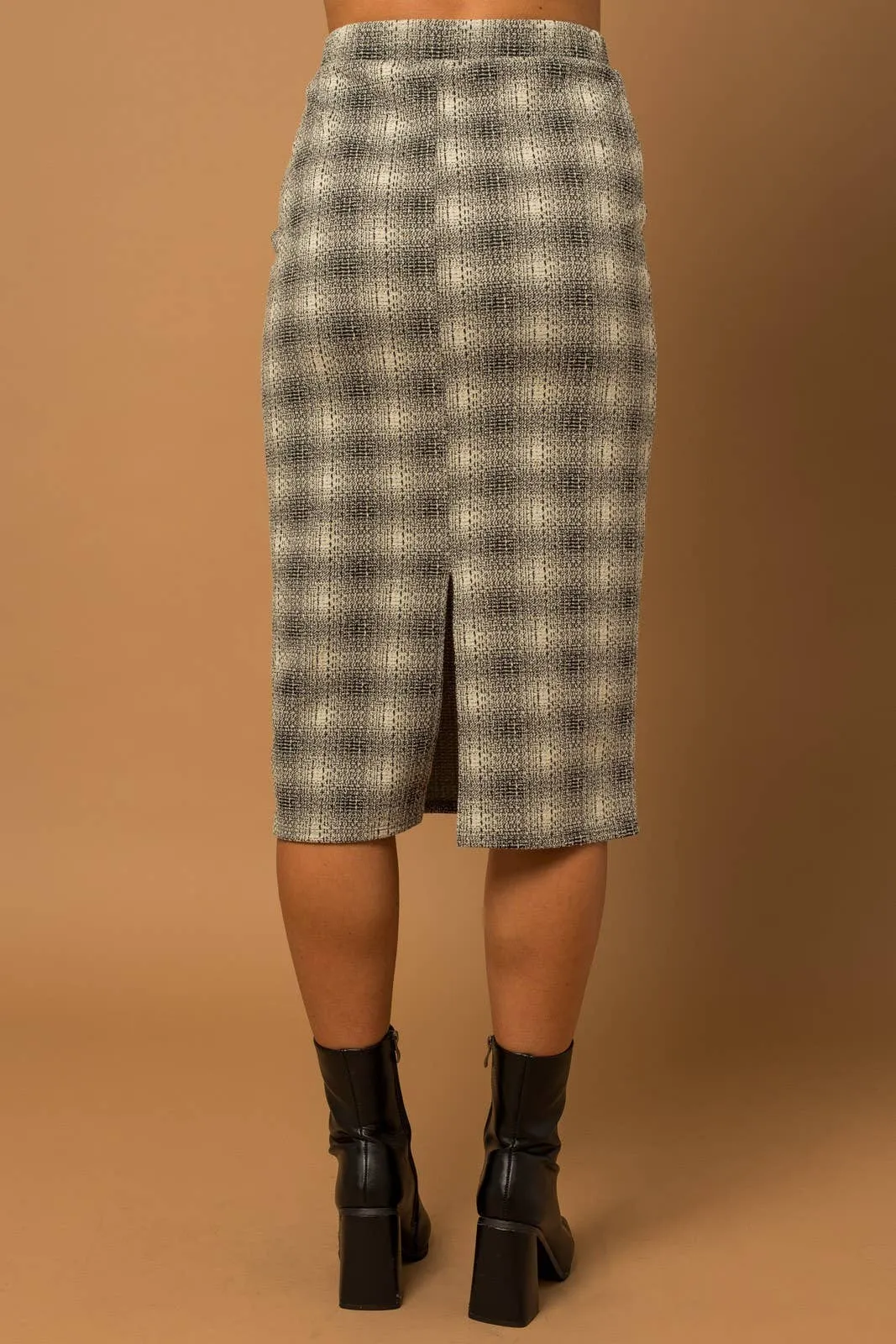 Elastic Waist Back Slit Plaid Midi Skirt