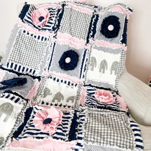 Elephant Crib Bedding - Navy / Pink / Gray