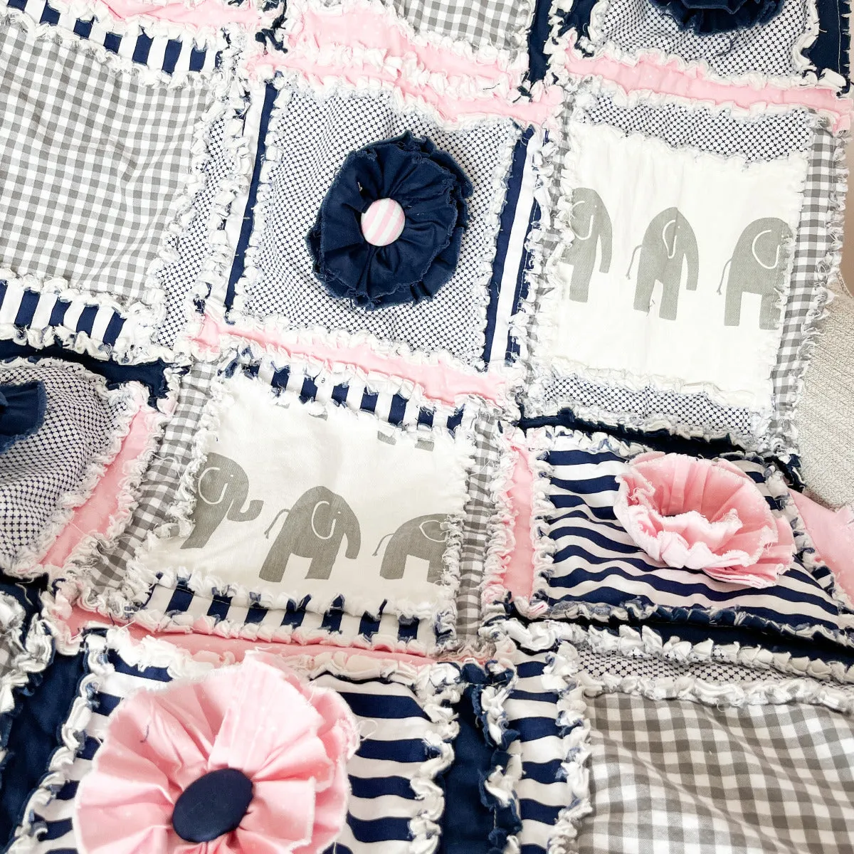 Elephant Crib Bedding - Navy / Pink / Gray