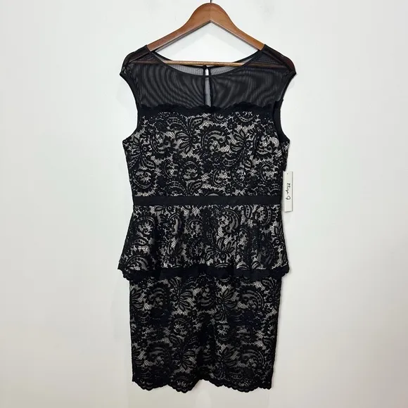 Eliza J Illusion Neck Lace Peplum Cocktail Dress Black Nude Size 12 New
