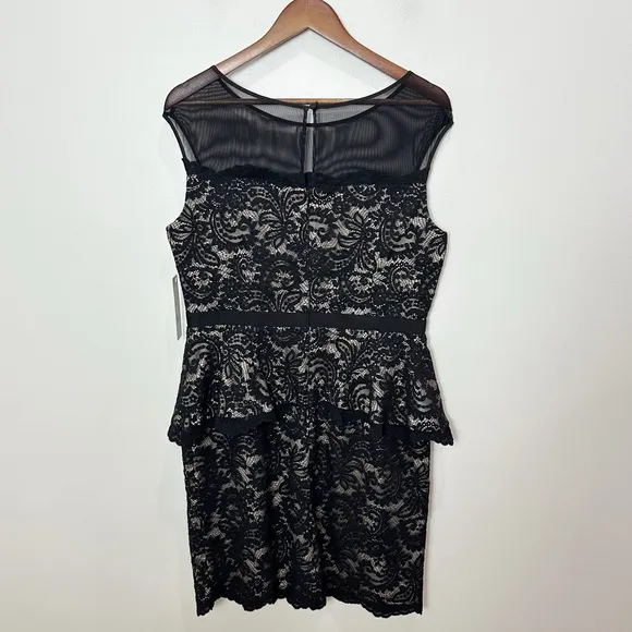 Eliza J Illusion Neck Lace Peplum Cocktail Dress Black Nude Size 12 New