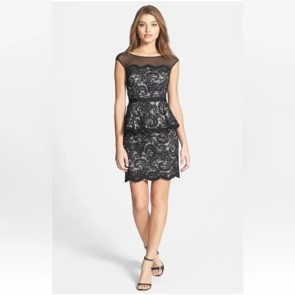 Eliza J Illusion Neck Lace Peplum Cocktail Dress Black Nude Size 12 New