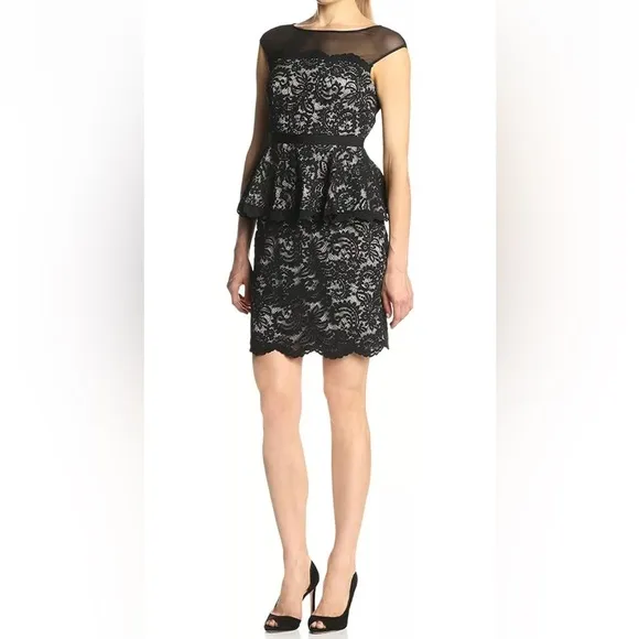 Eliza J Illusion Neck Lace Peplum Cocktail Dress Black Nude Size 12 New