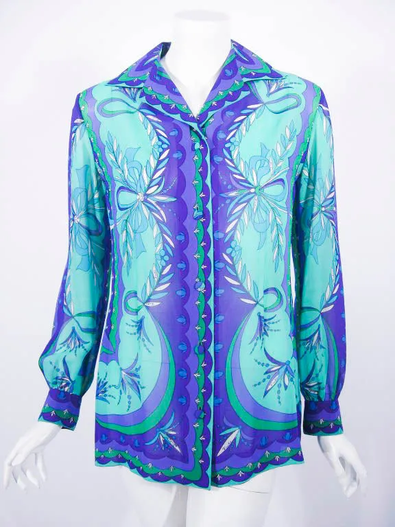 EMILIO PUCCI 1970s Silk Print Blouse & Skirt Ensemble
