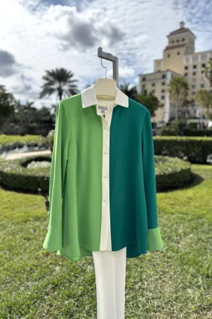 Emmelle Luxurious Crepe Tri-Color Blouse in Kiwi, Teal, and Pearl