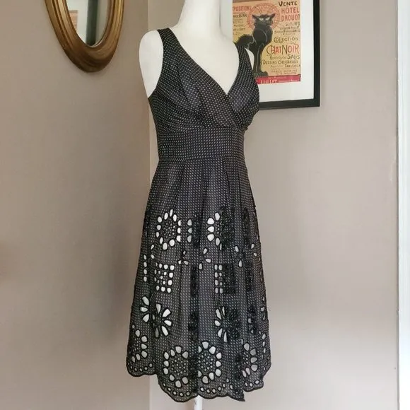 Eva Franco Black and White Eyelet Tie Back Dress Size 2