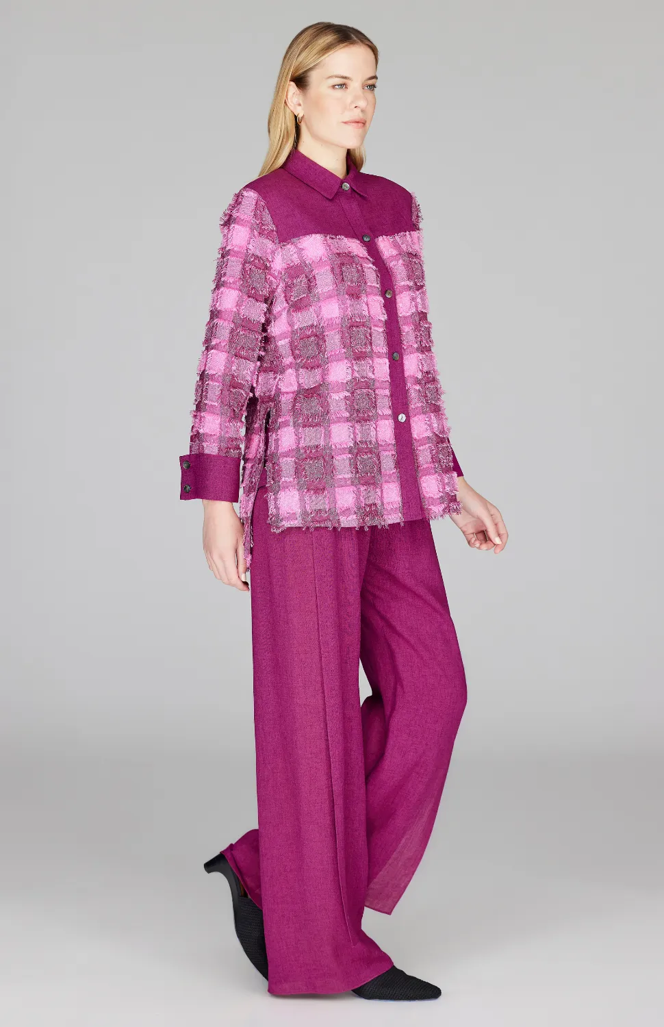 Eyelash Check Collared Button Down w/ Side Tab