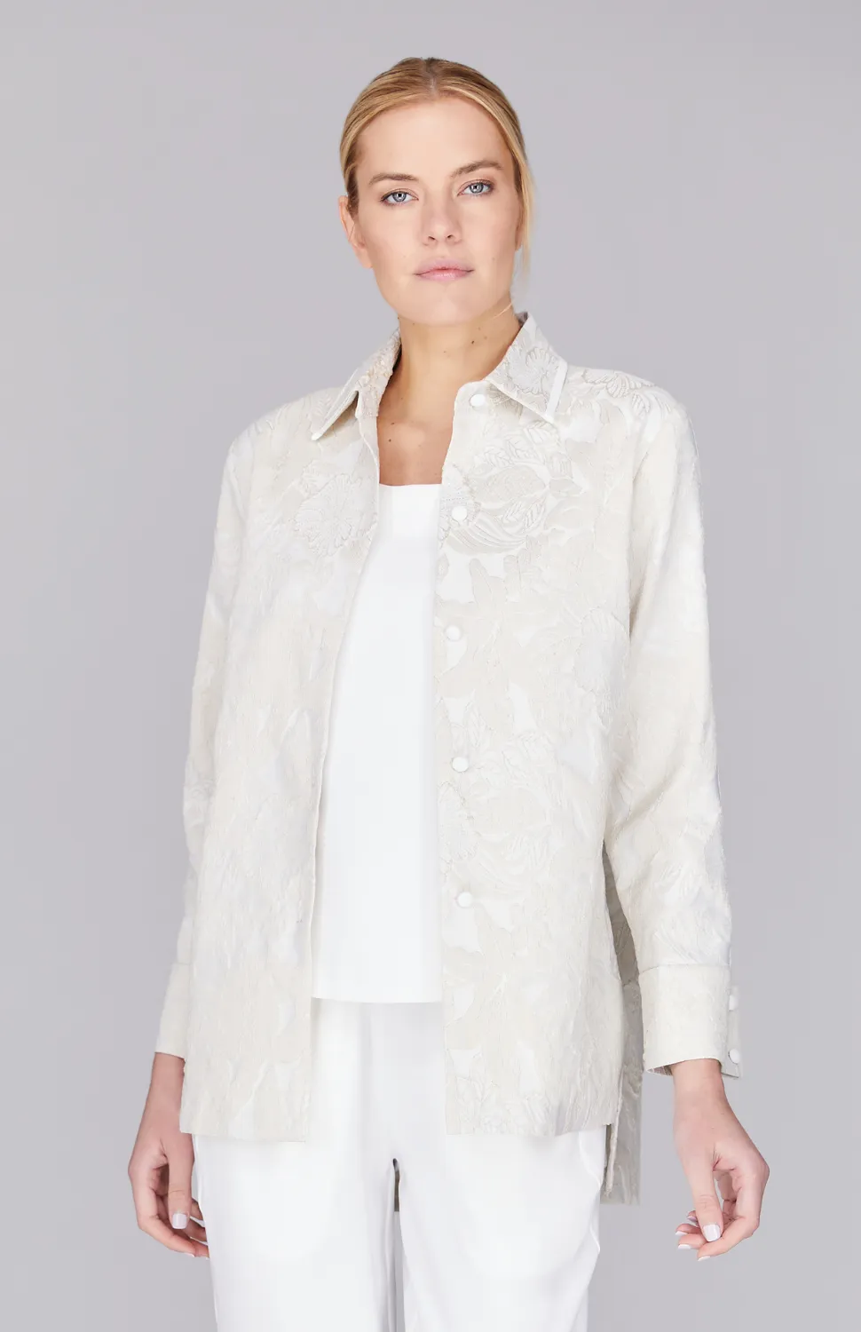 Floral Lattice Collared Button Down w/ Side Tab