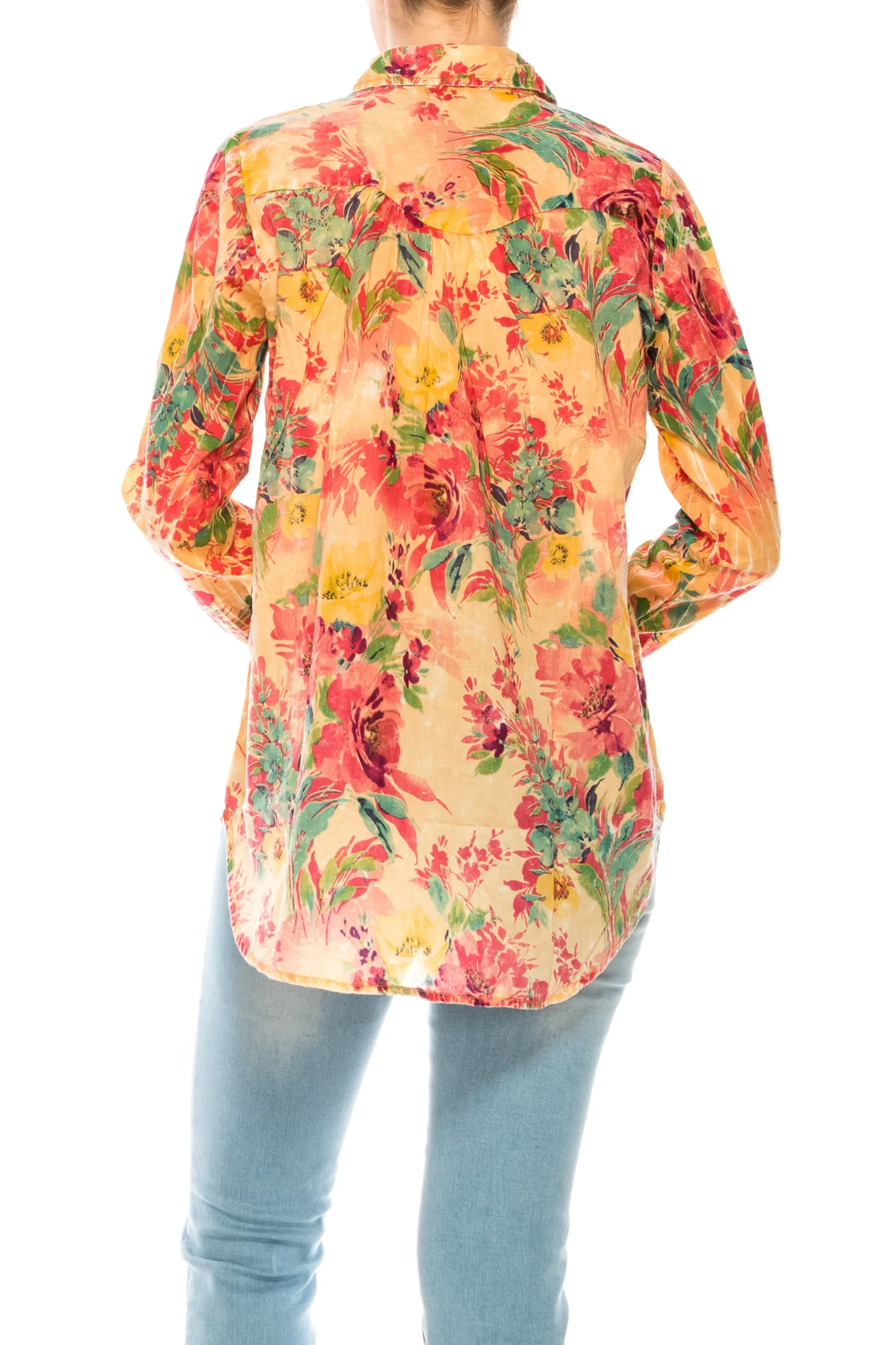 Floral Printed Button-Down Shirt with Vintage Wash