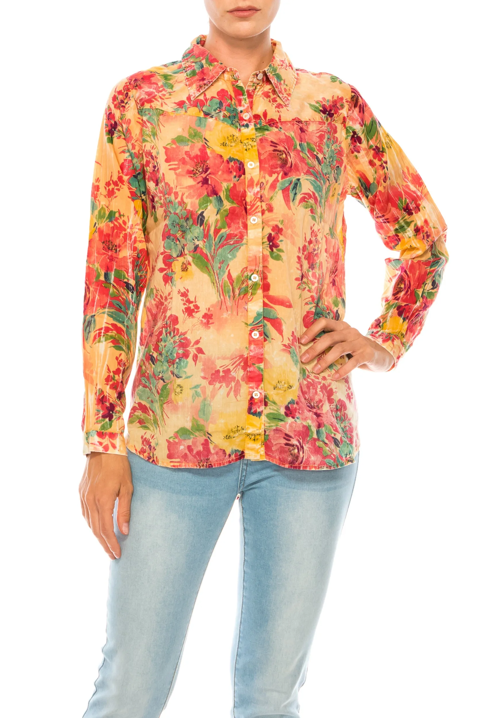 Floral Printed Button-Down Shirt with Vintage Wash