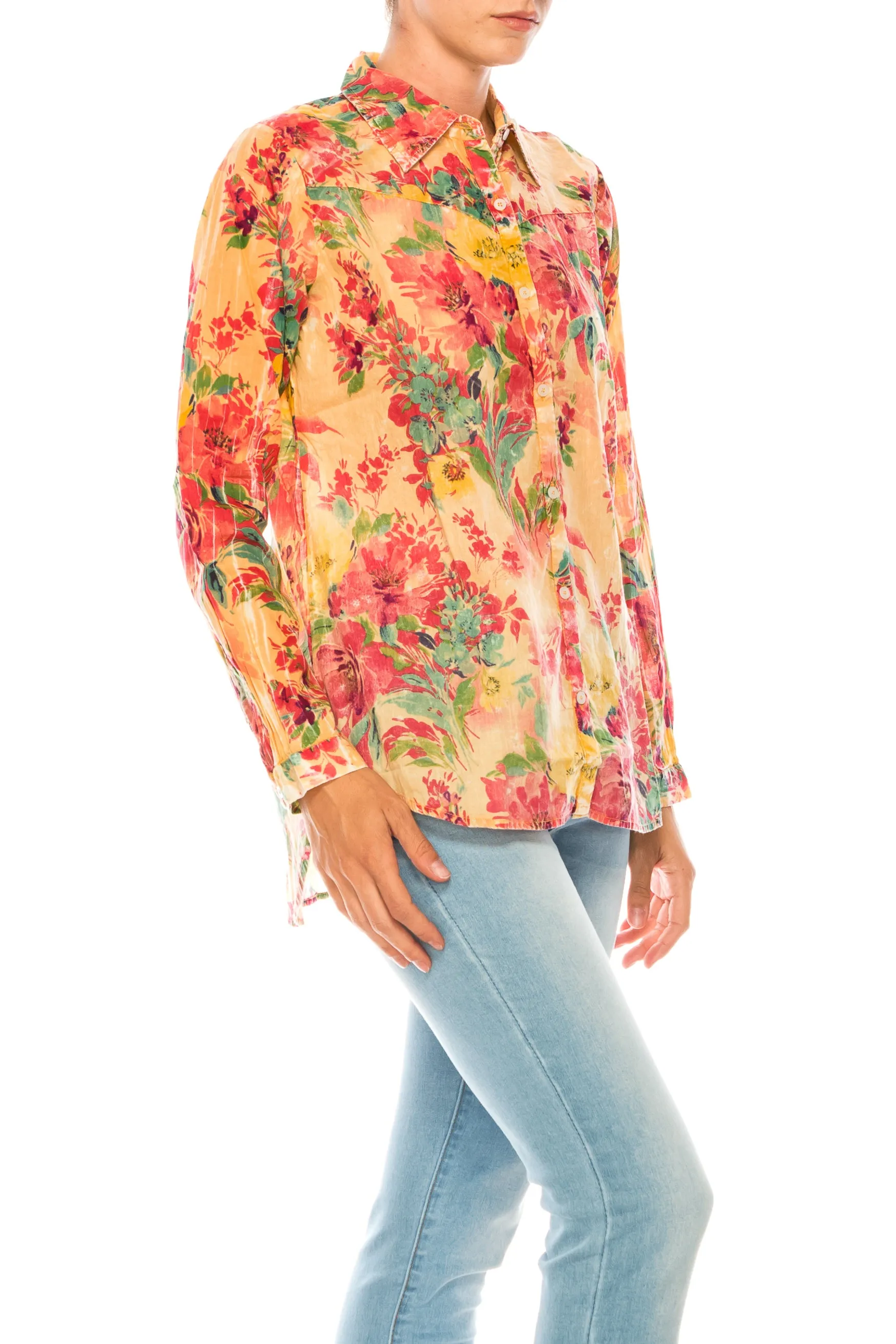 Floral Printed Button-Down Shirt with Vintage Wash