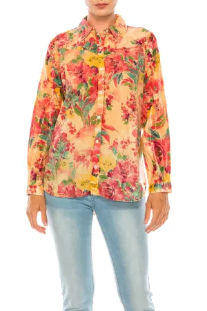 Floral Printed Button-Down Shirt with Vintage Wash