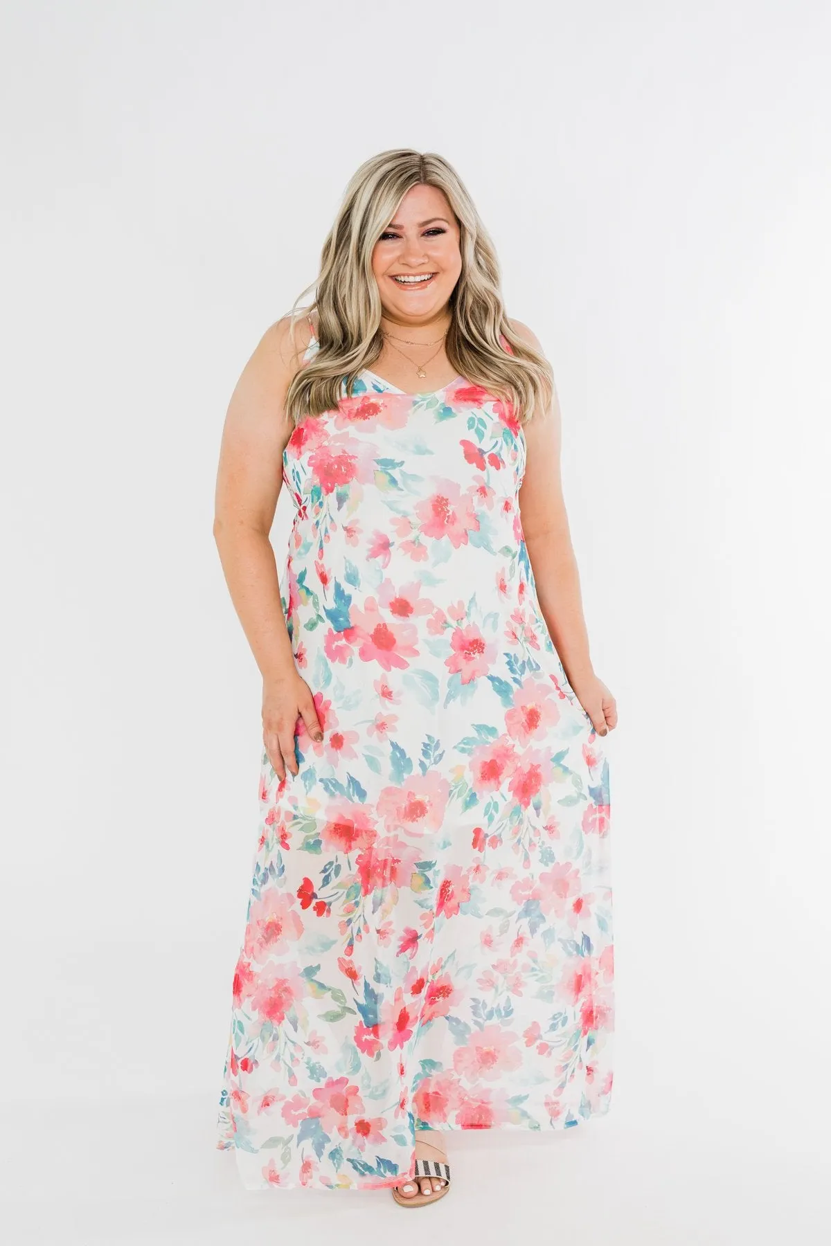 Follow The Sound Floral Maxi Shift Dress- Ivory & Coral