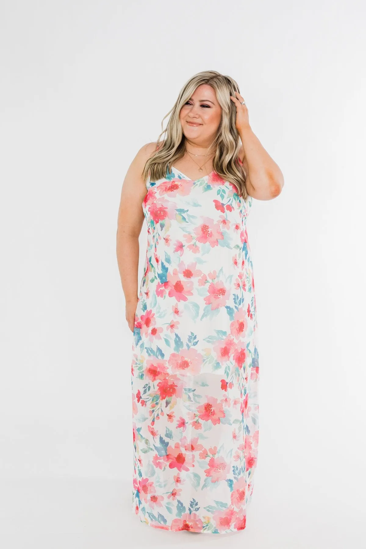 Follow The Sound Floral Maxi Shift Dress- Ivory & Coral