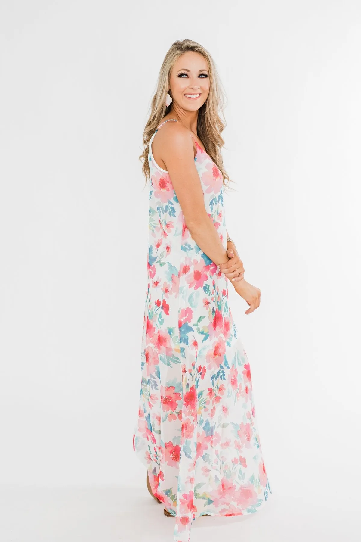 Follow The Sound Floral Maxi Shift Dress- Ivory & Coral