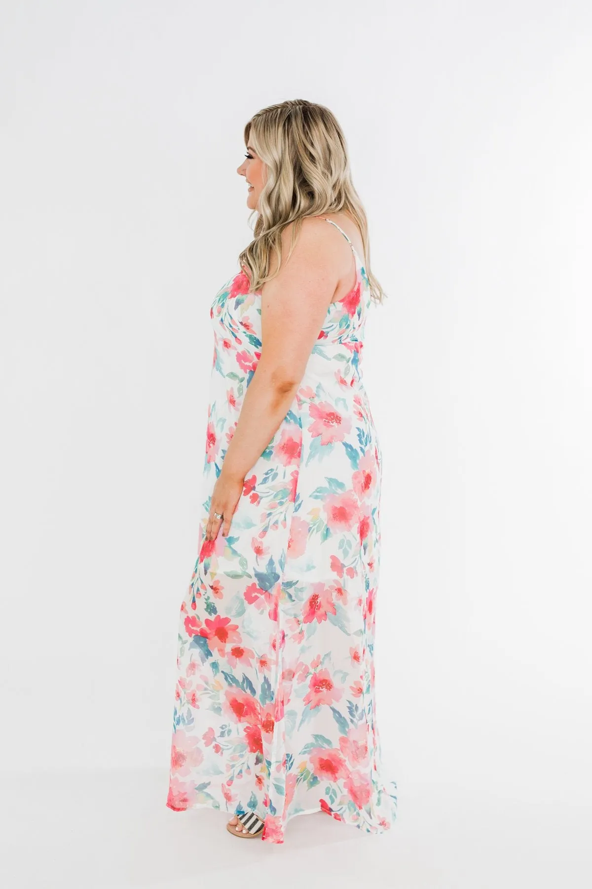 Follow The Sound Floral Maxi Shift Dress- Ivory & Coral