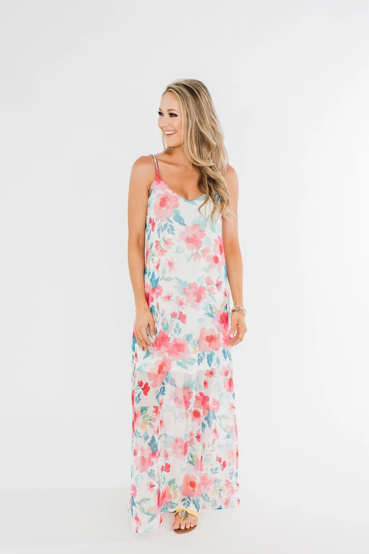Follow The Sound Floral Maxi Shift Dress- Ivory & Coral