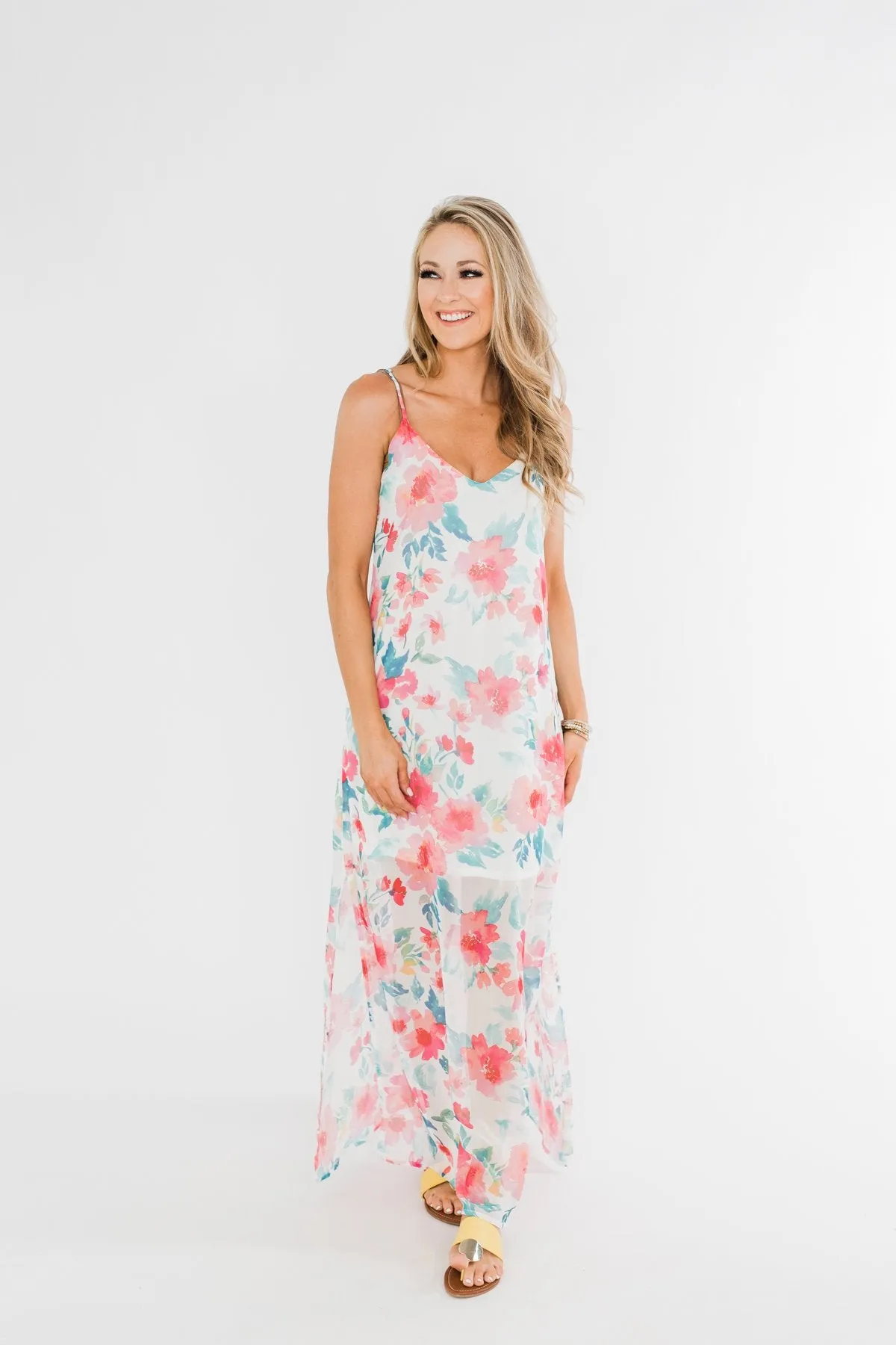 Follow The Sound Floral Maxi Shift Dress- Ivory & Coral