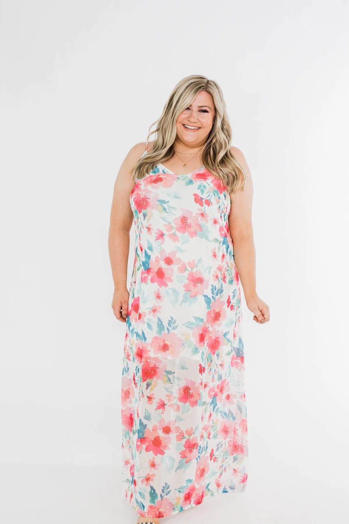 Follow The Sound Floral Maxi Shift Dress- Ivory & Coral