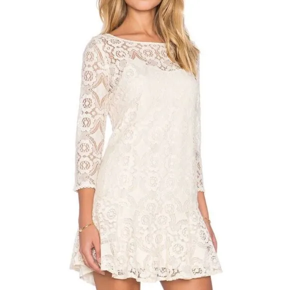 Free People Cream Lace Peplum 3/4 Sleeve Mini Dress