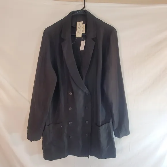 Free People Women's Medium Black Linen Blend Relaxed Fit Oversized Blazer New