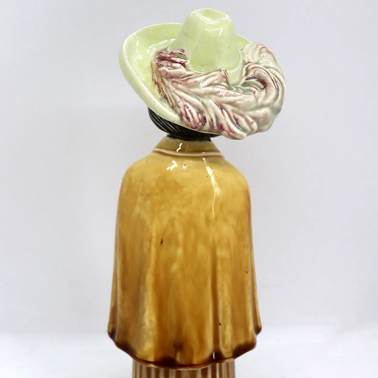 German Majolica Pottery Figural Lady Novelty Bottle / Whiskey Decanter