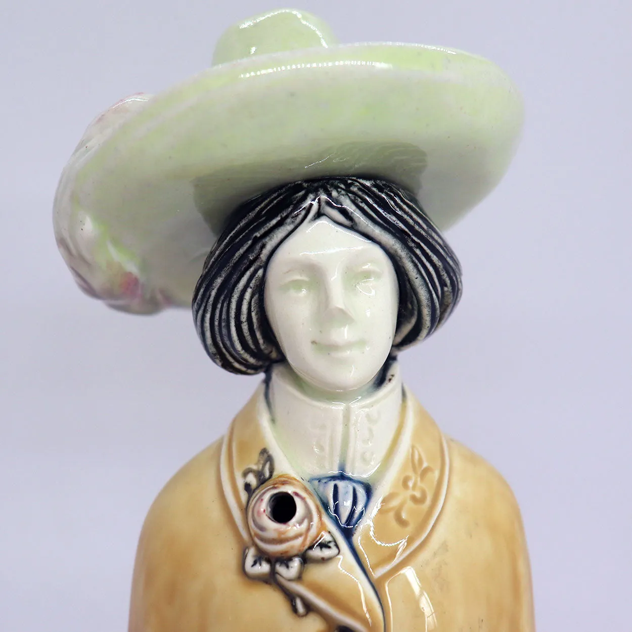 German Majolica Pottery Figural Lady Novelty Bottle / Whiskey Decanter