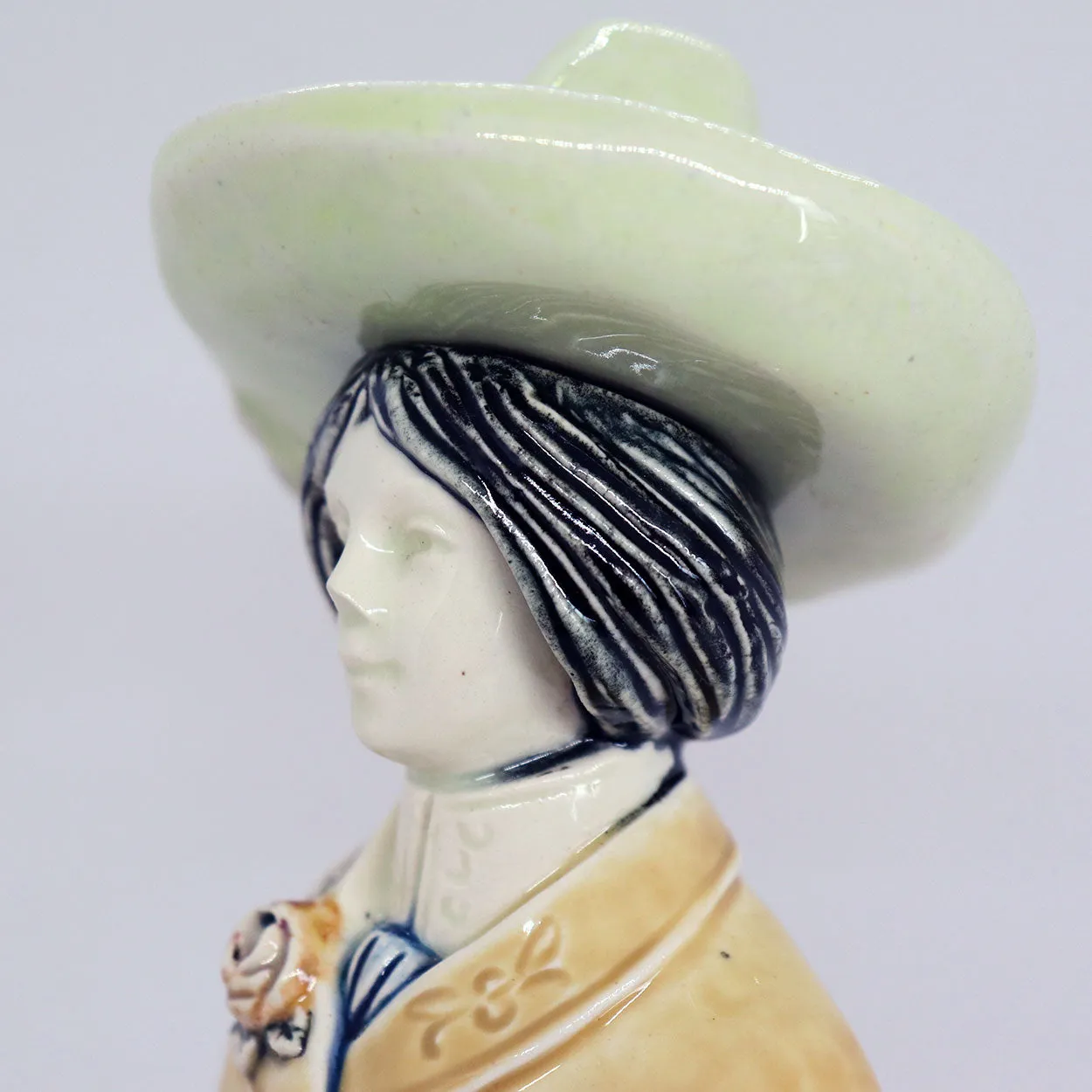 German Majolica Pottery Figural Lady Novelty Bottle / Whiskey Decanter