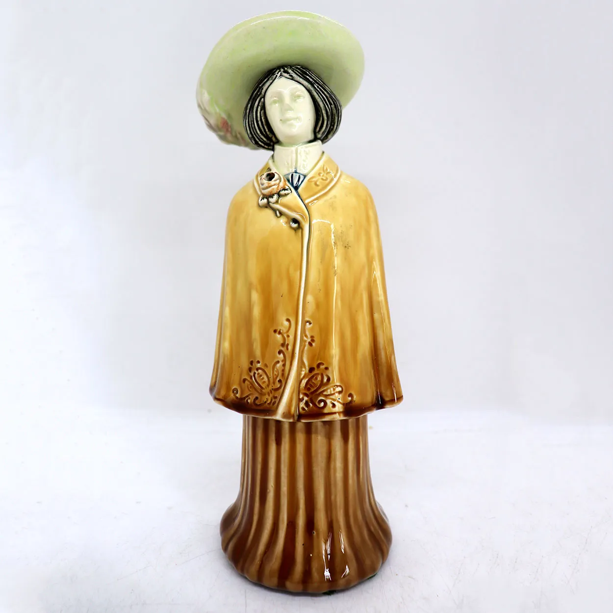German Majolica Pottery Figural Lady Novelty Bottle / Whiskey Decanter
