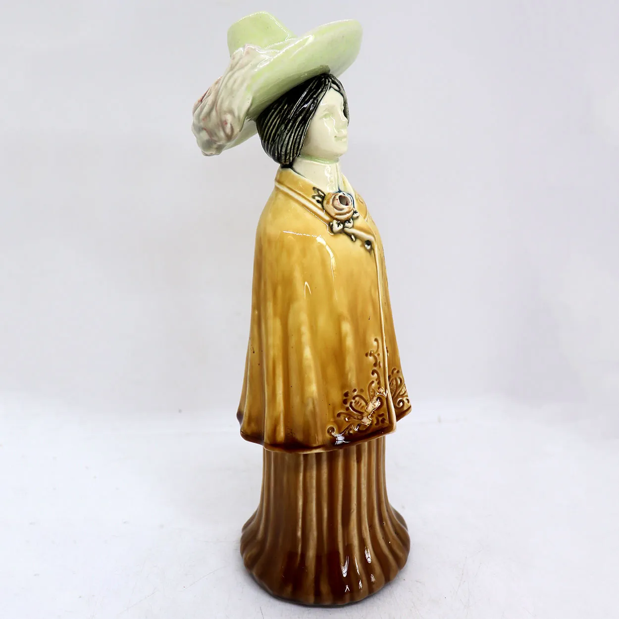German Majolica Pottery Figural Lady Novelty Bottle / Whiskey Decanter