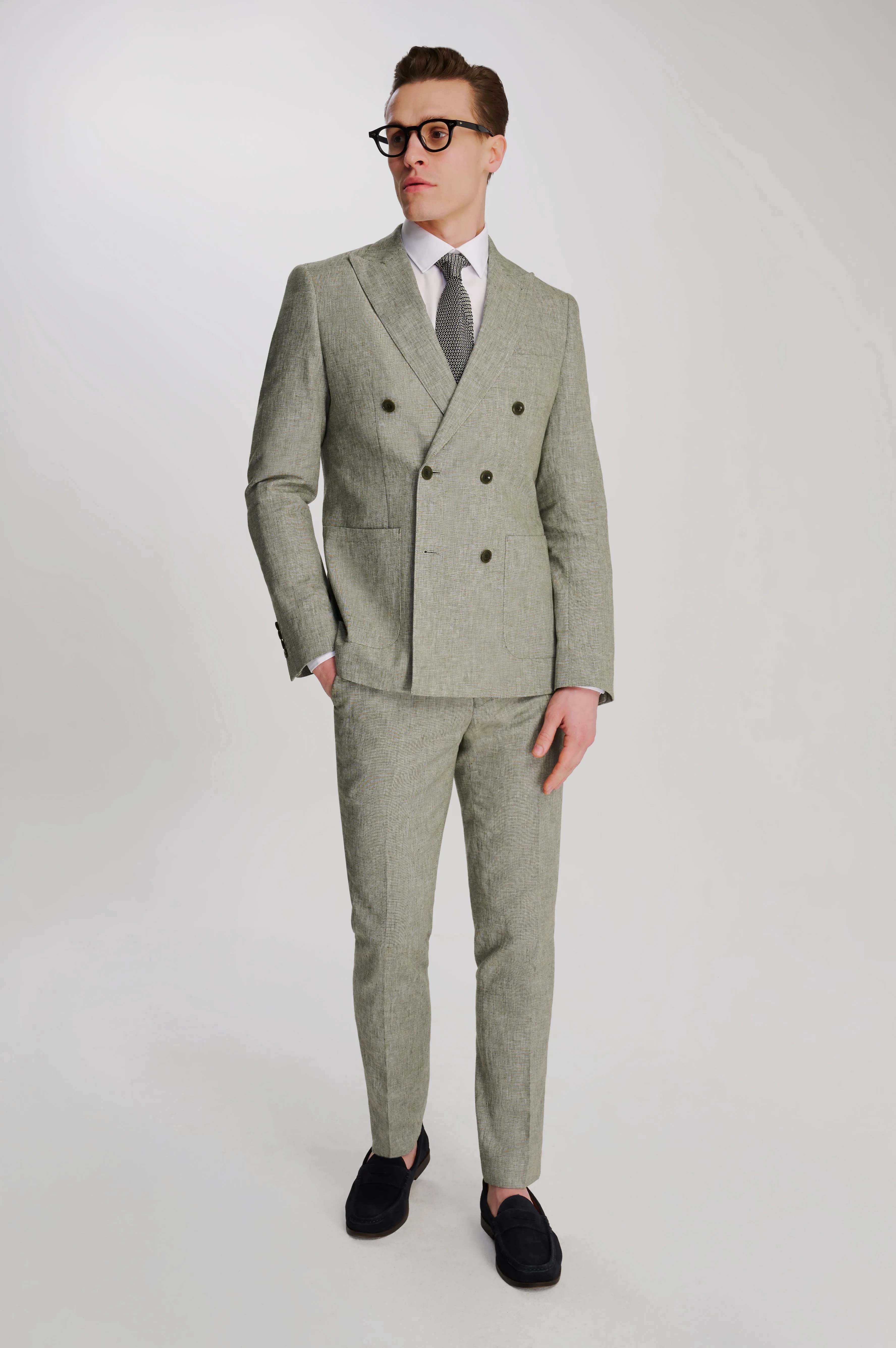 Giacomo Cotton Linen Double Breasted Suit Jacket in Green