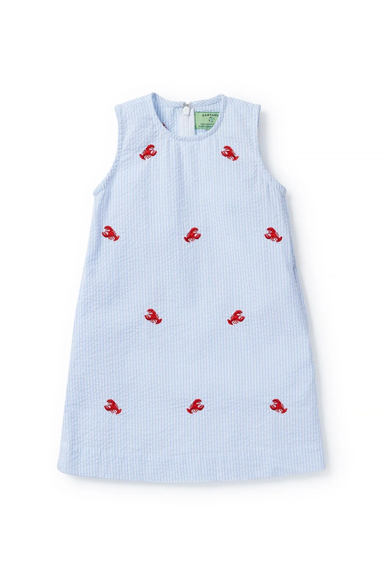 Girls Shift Dress Blue Seersucker with Lobster