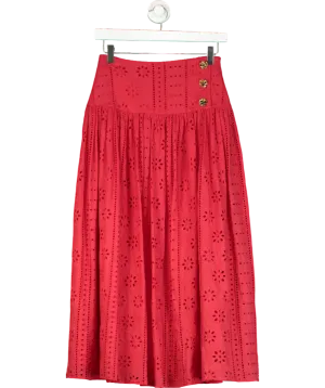 Glamoda Red Broderie Anglaise Midi Skirt UK S