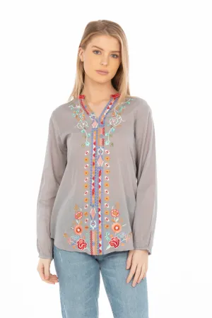 Gray Boho Blouse with Floral Embroidery