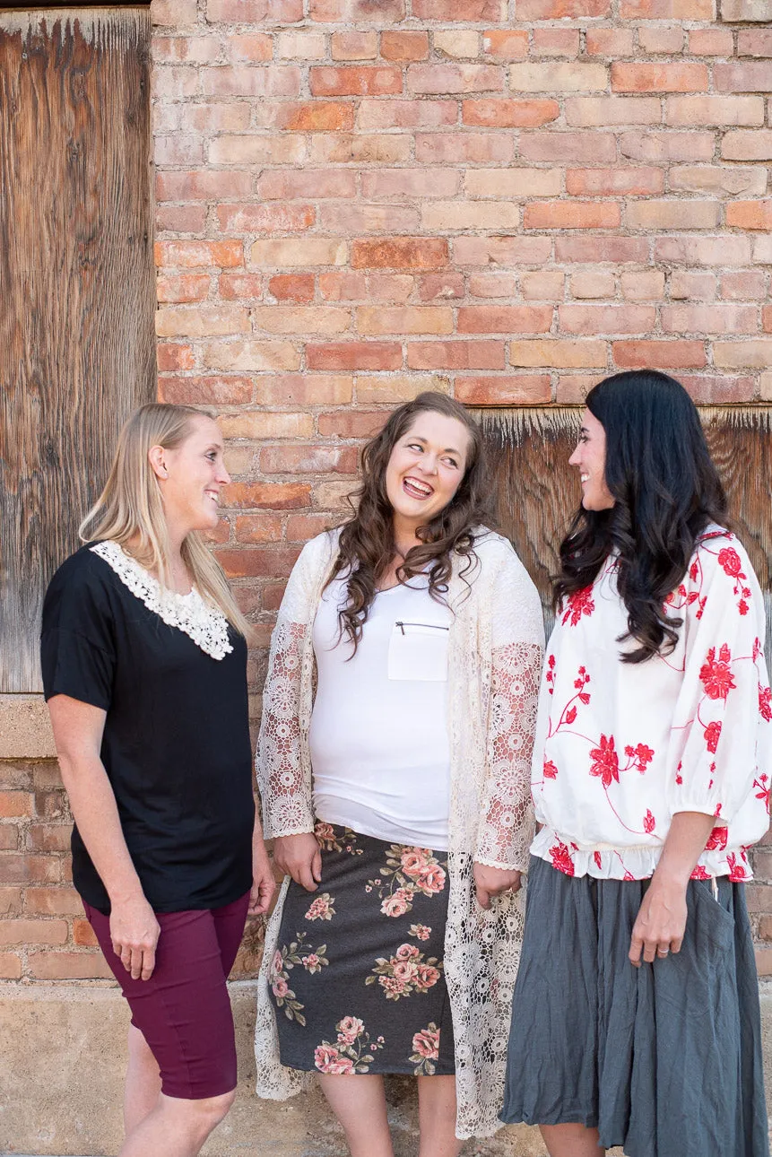 Grey Floral Pencil Skirt (Plus Size)