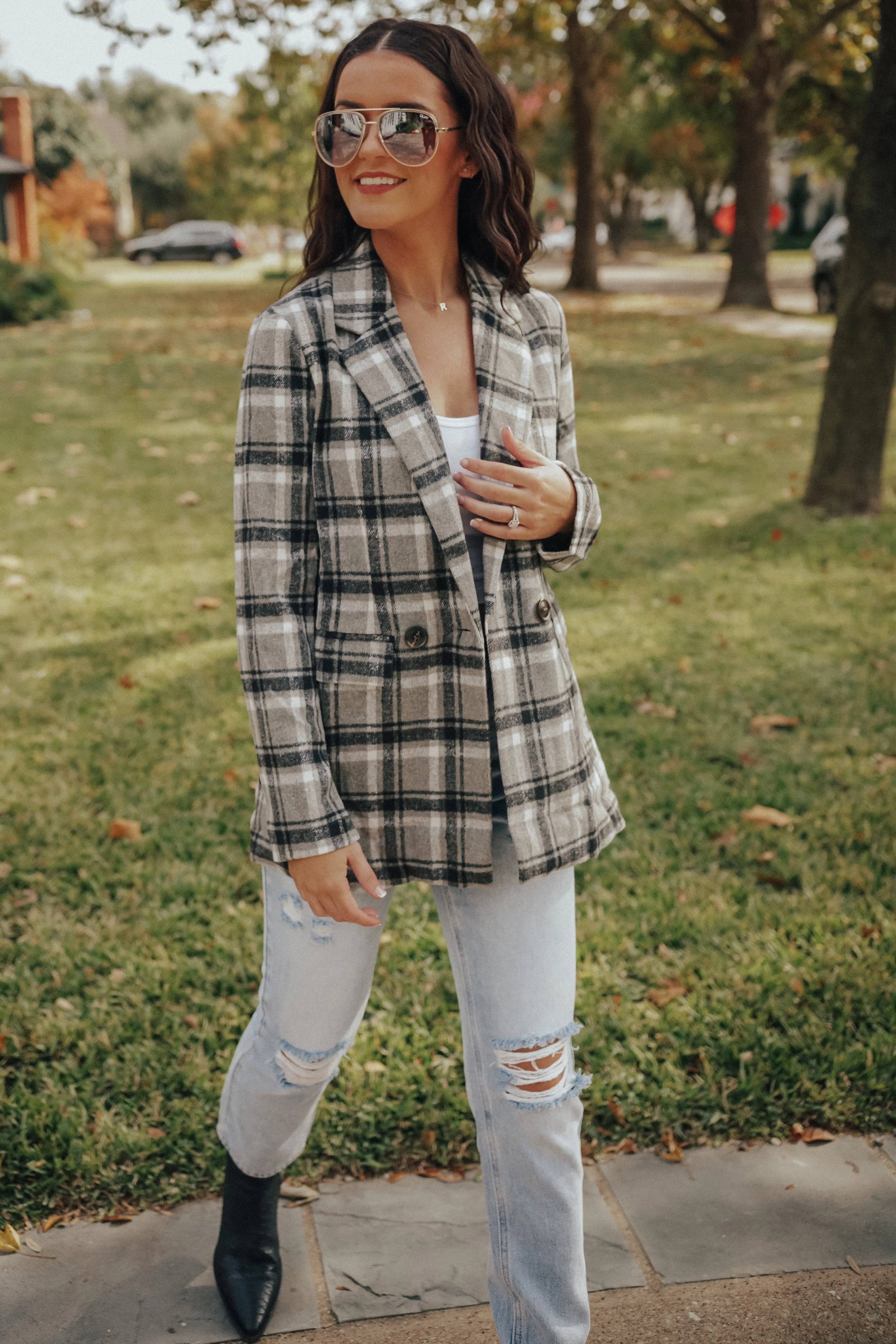 Grey Plaid Double Breasted Coat Jacket